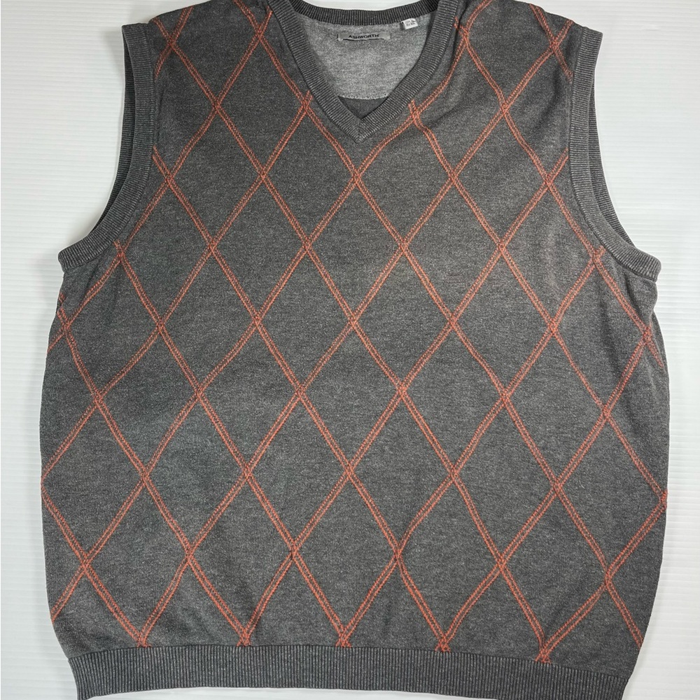 Ashworth Argyle Sweater Vest XL Gray Orange 100% Cotton Golfcore Preppy - Picture 4 of 10